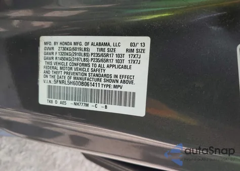 2013 Honda Odyssey Ex-L from USA, damaged, VIN 5FNRL5H60DB061411